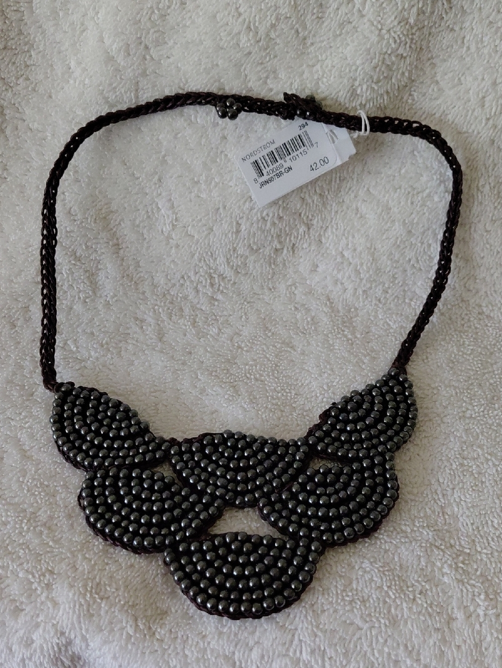 Panacea Gunmetal Beaded Statement Necklace On Brown Cord